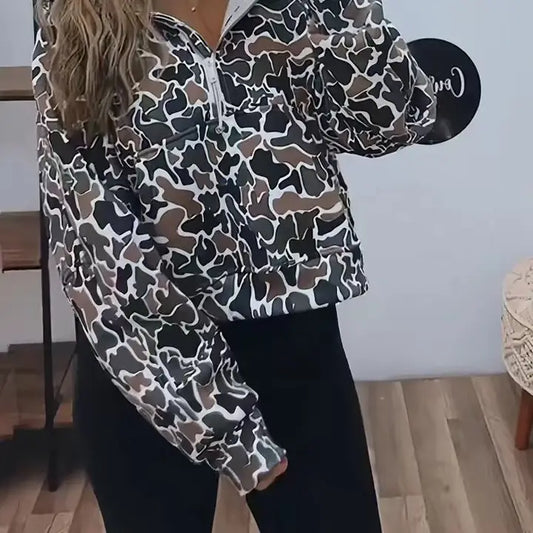 Duck Camo Print Half Zip Collared Sweatshirt