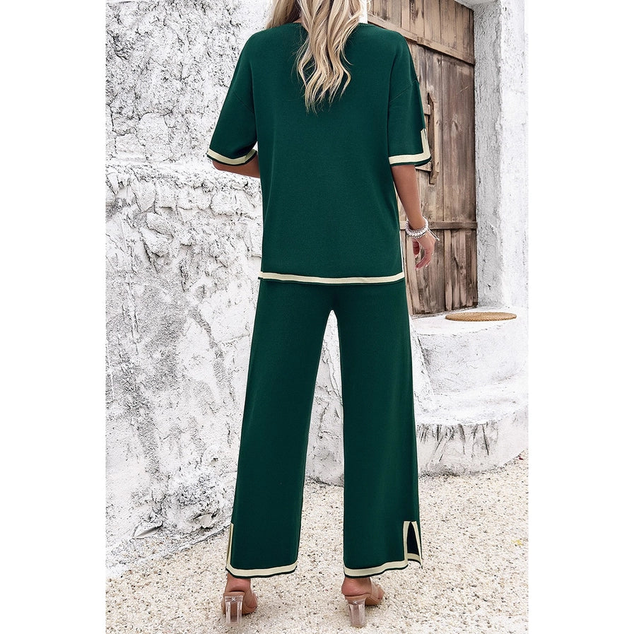Round Neck two Piece Blouse and Pants Set