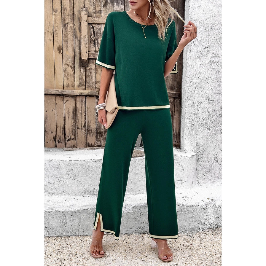 Round Neck two Piece Blouse and Pants Set