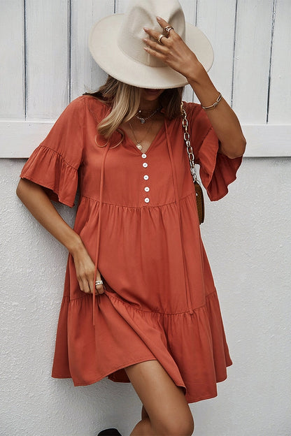 Orange Button-up Ruffle Dress
