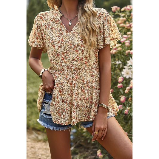 Floral Print Tie Neck Babydoll Blouse