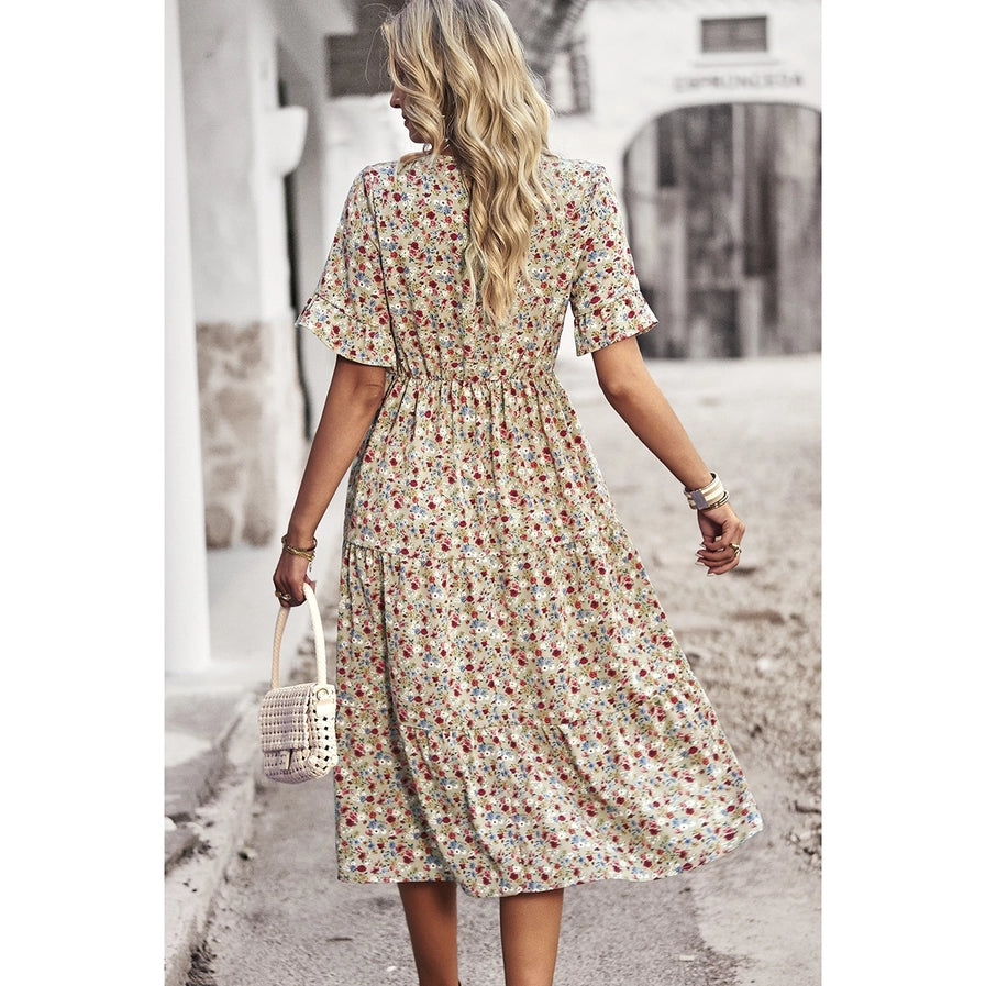 Floral Print Ruffle Sleeve Midi Dress