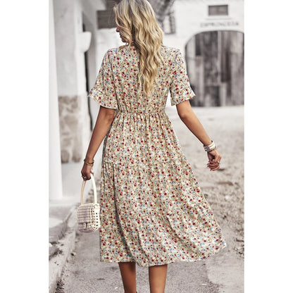 Floral Print Ruffle Sleeve Midi Dress